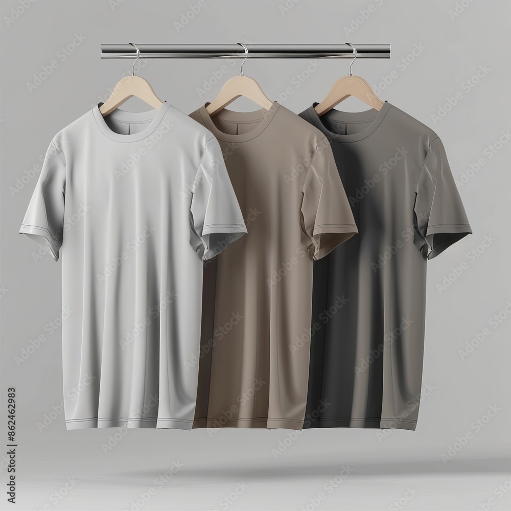 Three shirts hang on a wooden hanger: white, black and gray. Men's slim short sleeve polo shirt for advertising. Three shirts hang on a wooden hanger: white, black and gray. Men's slim short sleeve polo shirt for advertising.