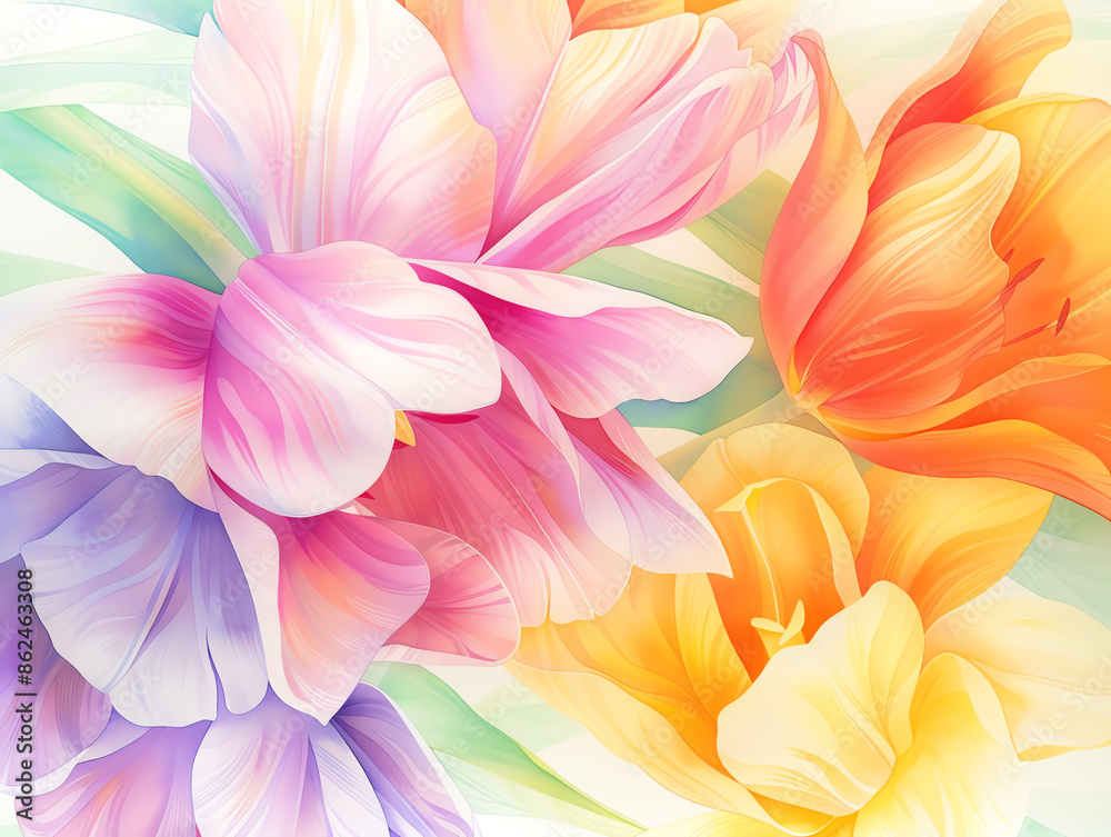 Close-up of tulip blossoms, soft watercolor brushstrokes highlighting the intricate petals and rich hues, a serene and detailed botanical scene Close-up of tulip blossoms, soft watercolor brushstrokes highlighting the intricate petals and rich hues, a serene and detailed botanical scene