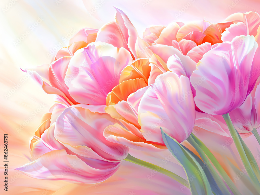 Fototapeta premium Close-up of tulip blossoms, soft watercolor brushstrokes highlighting the intricate petals and rich hues, a serene and detailed botanical scene