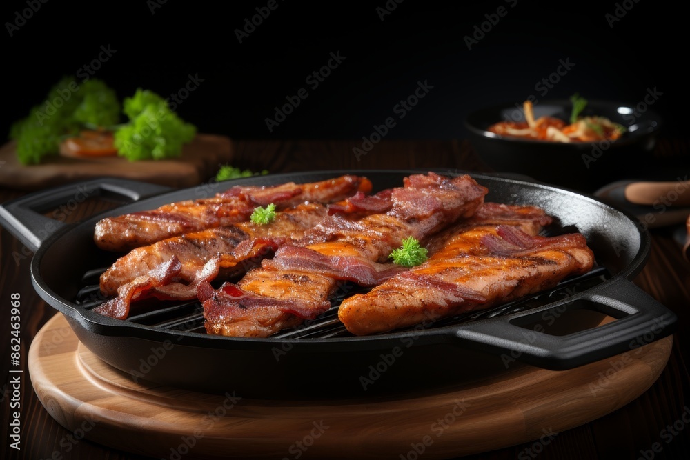 Crispy bacon slices on black skillet, 3d rendered illustration for realistic cooking visuals Crispy bacon slices on black skillet, 3d rendered illustration for realistic cooking visuals