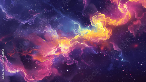 Surreal artwork with cosmic colors on a celestial navy background, as cosmic yellow, nebula pink, and dark matter purple splatter into a galactic pool