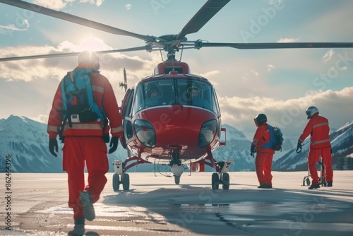 Air ambulance, a helicopter and the dedicated medical crew. This scene represents the critical role of aerial medical services.