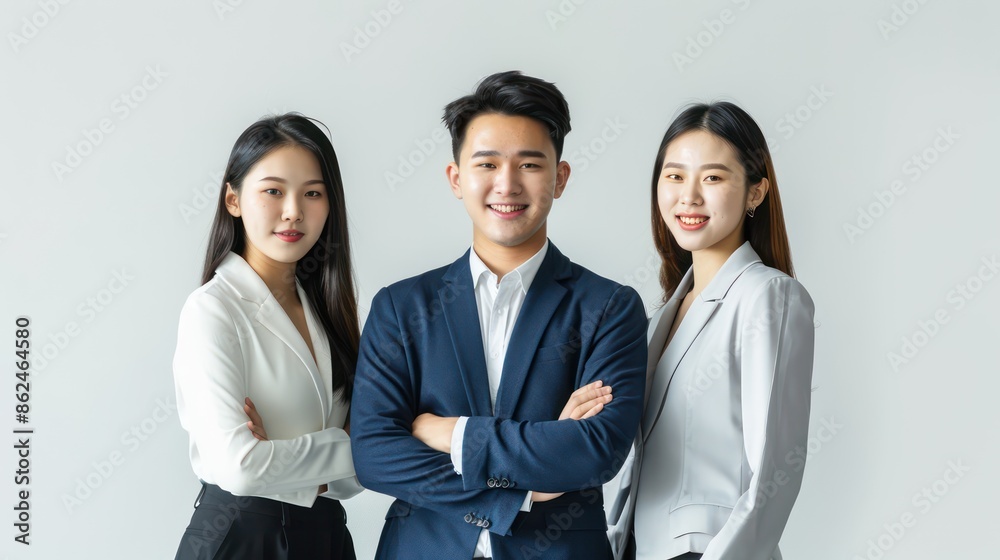 Three young Asian business professionals, one man and two women, posing confidently in work attire, half-body shot set against a clean white background