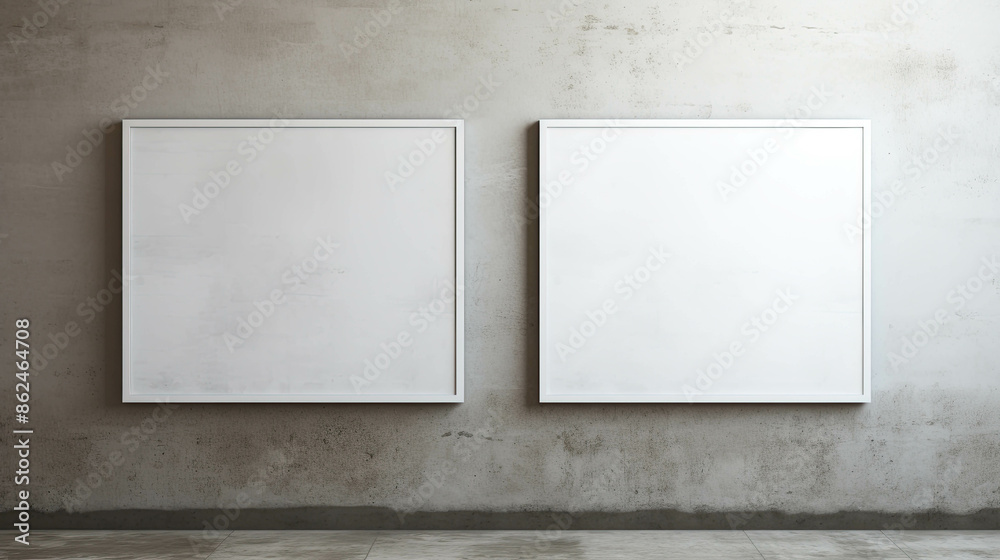 Blank white frames hang on a concrete wall the display of artwork or photographs Blank white frames hang on a concrete wall the display of artwork or photographs