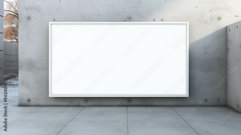 Blank white frames hang on a concrete wall the display of artwork or photographs Blank white frames hang on a concrete wall the display of artwork or photographs