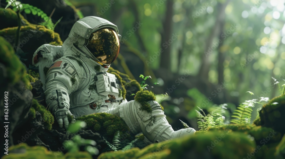 Fototapeta premium An astronaut in a mysterious green wood .The spacesuit is overgrown with moss
