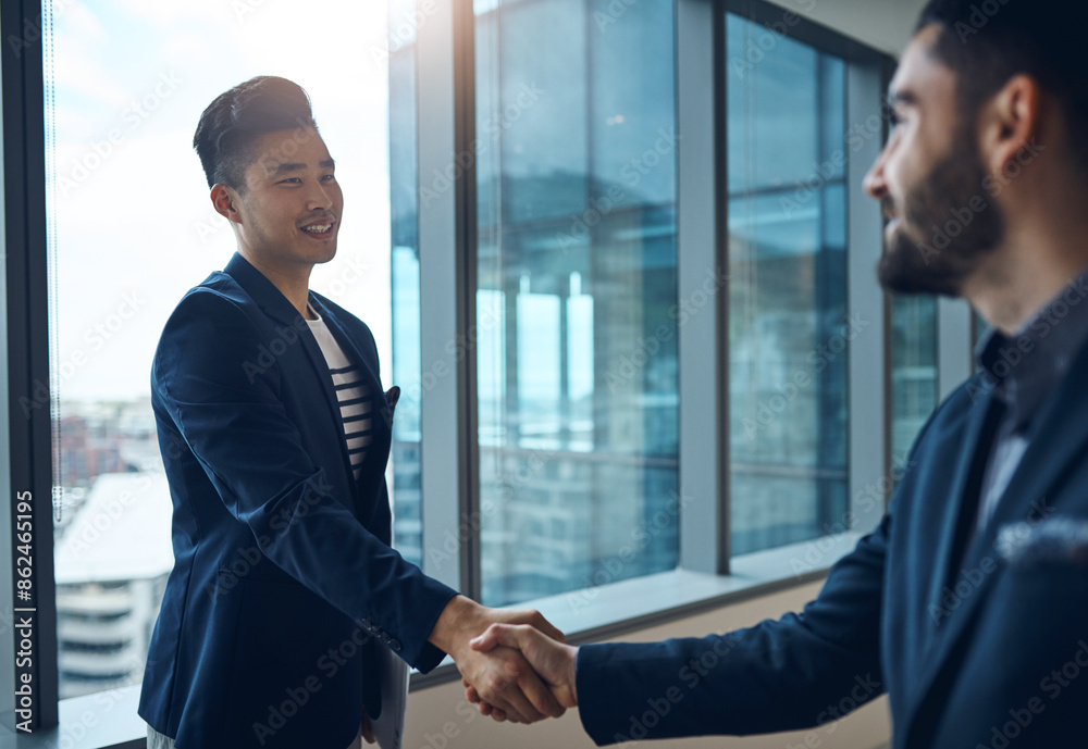Office, handshake and business people at window for introduction, networking and onboarding agreement. B2b deal, negotiation and men shaking hands together for partnership, support and opportunity Office, handshake and business people at window for introduction, networking and onboarding agreement. B2b deal, negotiation and men shaking hands together for partnership, support and opportunity