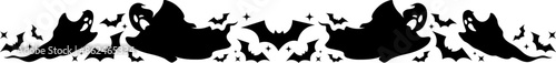 Halloween frame border and divider with ghosts and bats vector silhouettes. Horror holiday web banner border and page decoration with scary black shadows of flying Halloween ghost monsters and bats