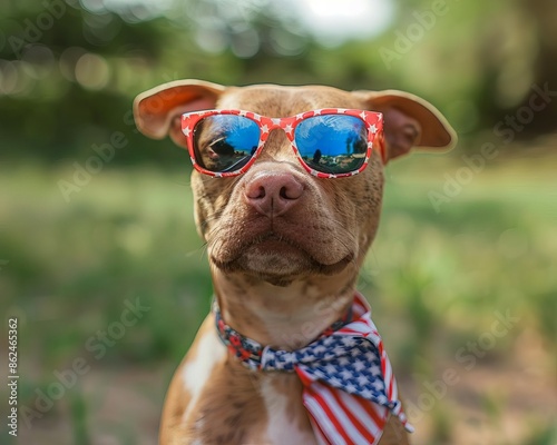 Dog with American flag sunglasses and a 4th of July banner, Cute dog 4th of July, stylish and patriotic