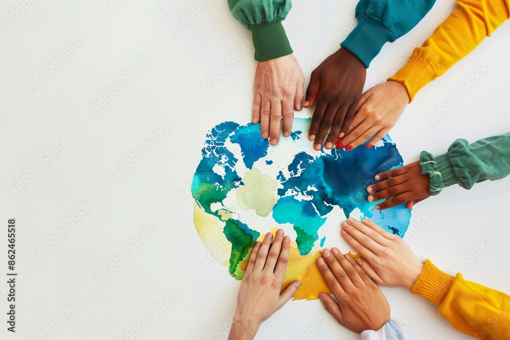 Diverse hands reaching towards a world map, symbolizing unity and ...