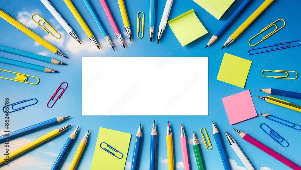 Fototapeta premium Frame of office supplies on a blue background Flat lay view above copy area with blank center for pasted text.