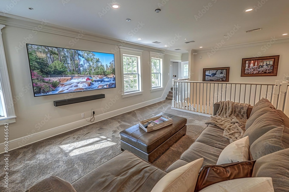Fototapeta premium high angle view of a cozy living room with a plush carpet, comfortable couch, and a large flatscreen TV perfect for binge-watching shows.