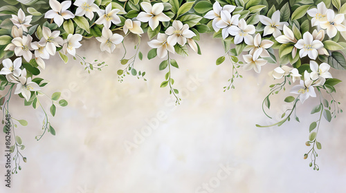 Star jasmine vines with fragrant white flowers cascading over a garden arch, delicate watercolor strokes capturing their pure elegance and charm