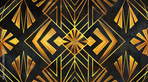 Geometric gold and black art deco pattern. Seamless repeating background design