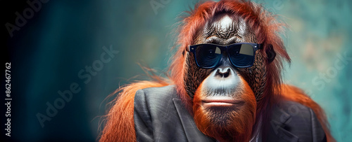 A close up portrait of a confident intelligent looking orangutan wearing a sleek business suit and dark sunglasses exuding an air of authority and sophistication © Like Animals