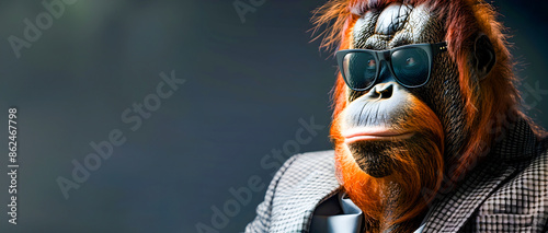 A stylishly dressed orangutan wearing a suit and sunglasses presenting a witty and intelligent business professional persona in a creative and conceptual portrait photo