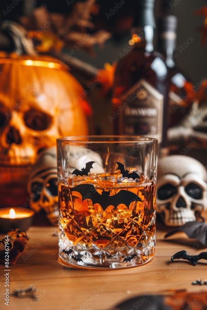 Halloween themed drink with bat decoration in a crystal glass surrounded by skulls and pumpkins. Halloween themed drink with bat decoration in a crystal glass surrounded by skulls and pumpkins.