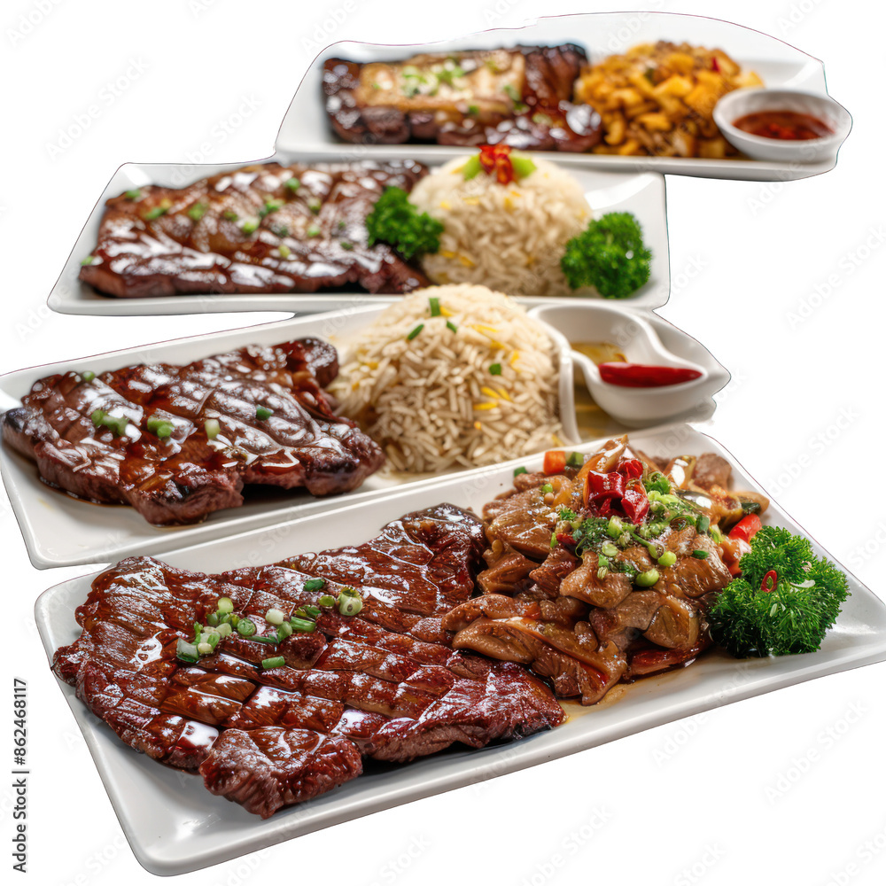 5 plates of steak with fried rice on the side isolated on white transparant background png 5 plates of steak with fried rice on the side isolated on white transparant background png