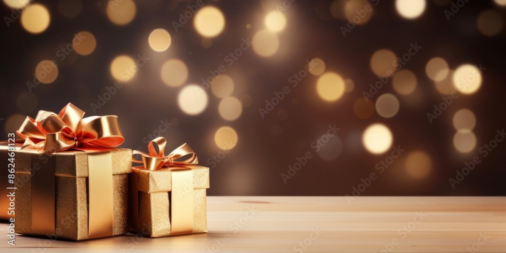 Gift boxes with golden bows on wooden table. Gift boxes with golden bows on wooden table.