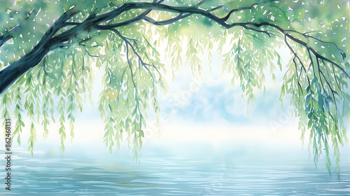 Weeping willow tree by a serene lakeshore, cascading branches and delicate leaves, soft watercolor strokes capturing the tranquil and ethereal beauty
