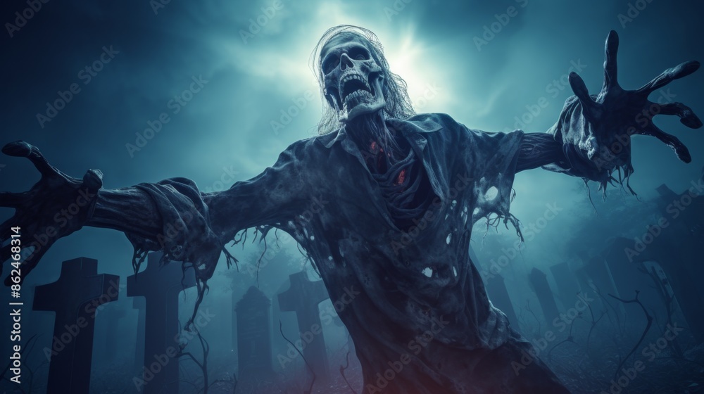 Fototapeta premium Skeleton in tattered clothes raising arms against dramatic cloudy sky.
