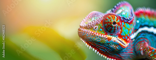 Closeup of a captivating and mesmerizing chameleon lizard with vibrant colorful and intricate textured skin and patterns © Like Animals