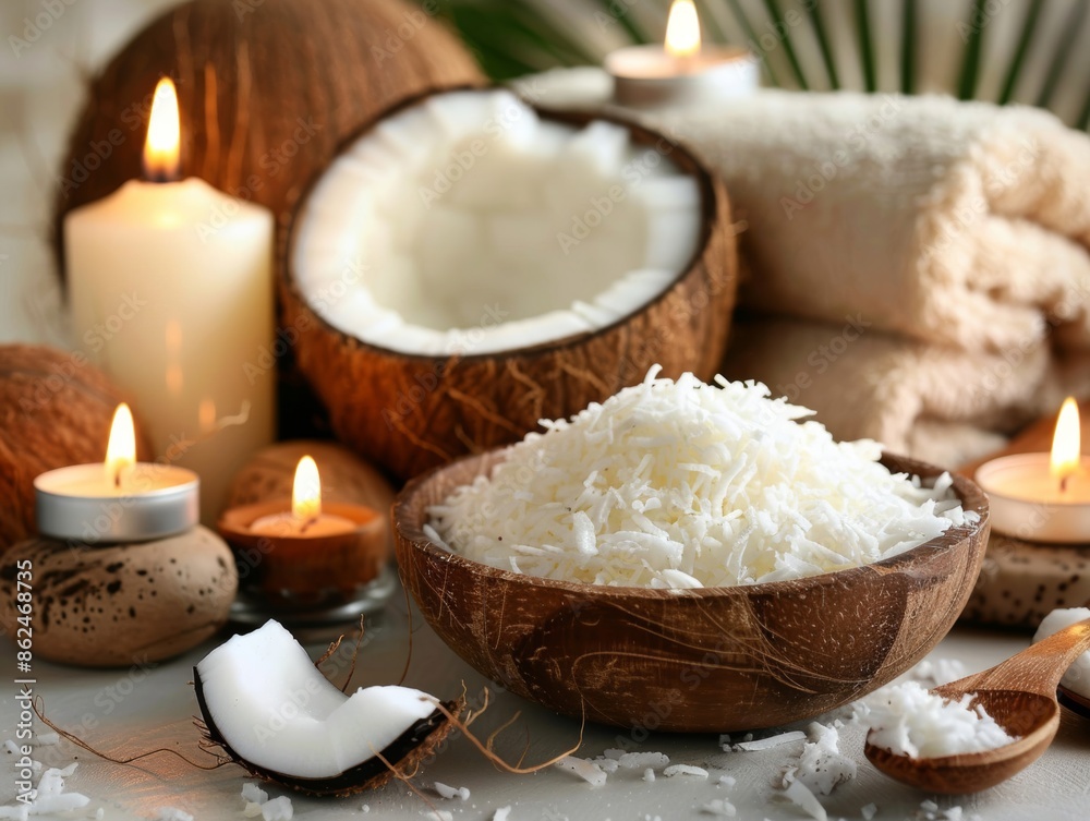 A serene spa setup featuring a bowl of coconut oil surrounded by flickering candles, creating a calming atmosphere A serene spa setup featuring a bowl of coconut oil surrounded by flickering candles, creating a calming atmosphere