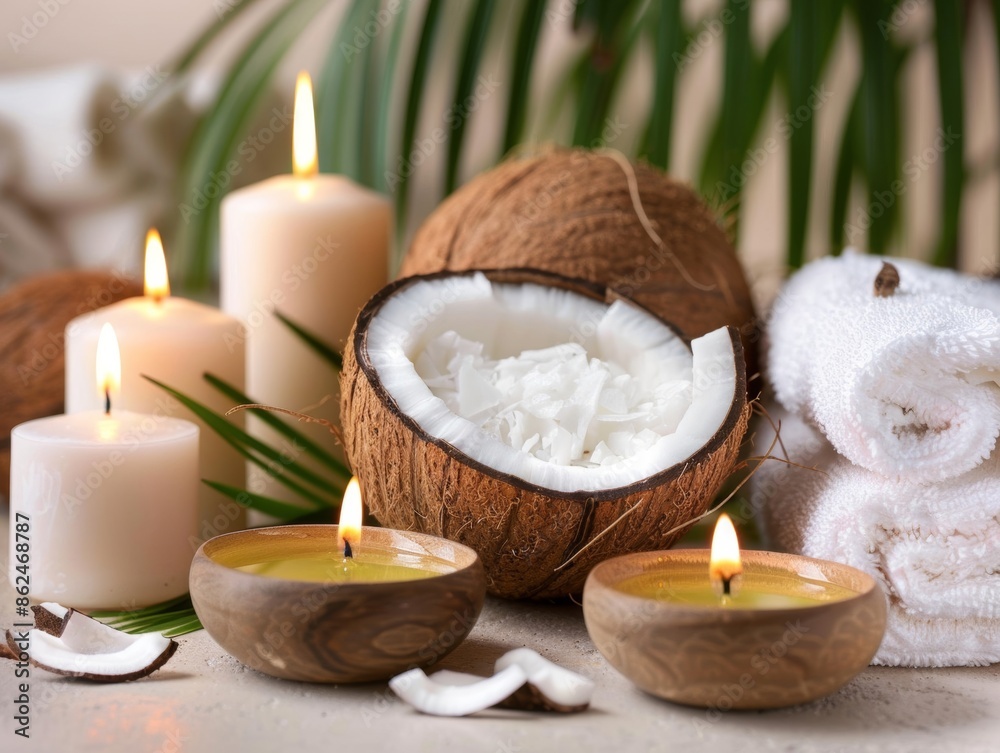 A serene spa setup featuring a bowl of coconut oil surrounded by flickering candles, creating a calming atmosphere A serene spa setup featuring a bowl of coconut oil surrounded by flickering candles, creating a calming atmosphere