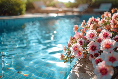 Orange Flowers Bloom Near Poolside Loungers At Sunset