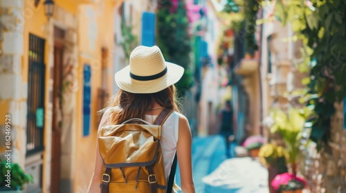 Back view of Tourist woman with hat and backpack at vacation in Picturesque european country.