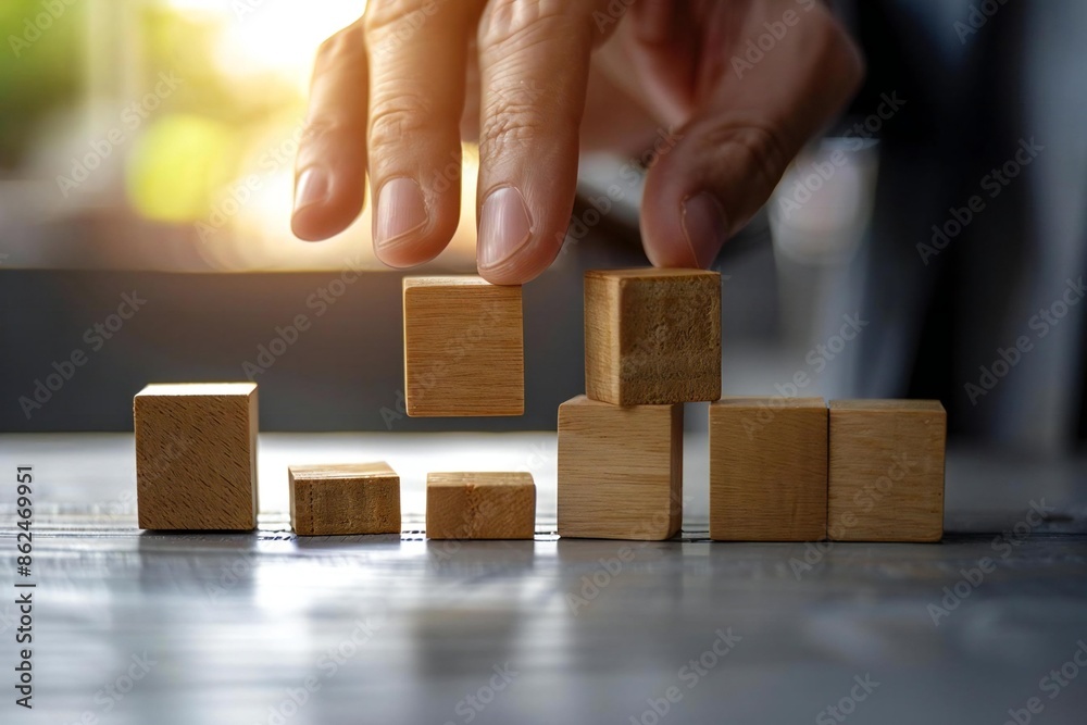close-up shot of a human hand stopping wooden blocks from falling on a table, symbolizing the concept of managing risk and fear in a business setting. close-up shot of a human hand stopping wooden blocks from falling on a table, symbolizing the concept of managing risk and fear in a business setting.