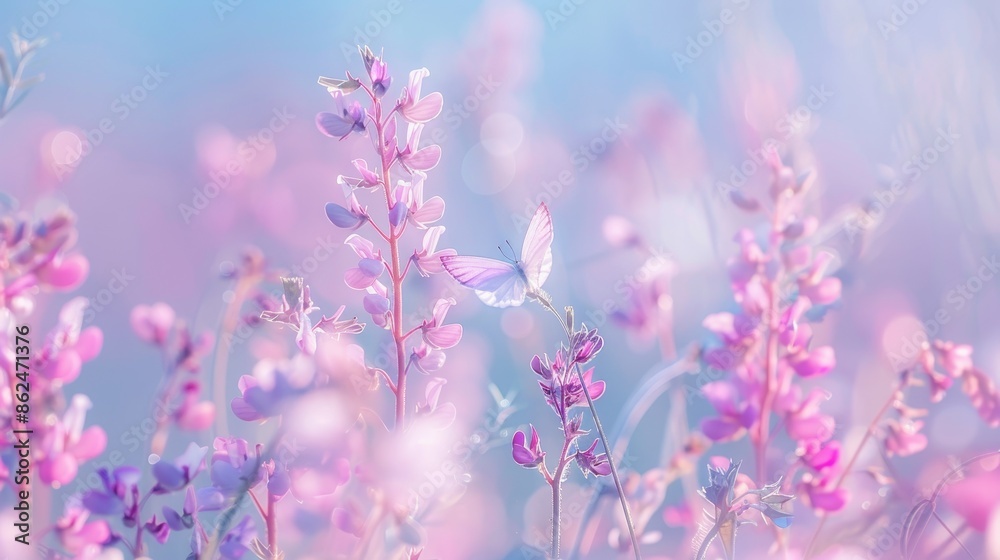 Naklejka premium Macro nature landscape chamomile, purple peas, butterfly in morning haze with cool blue tones