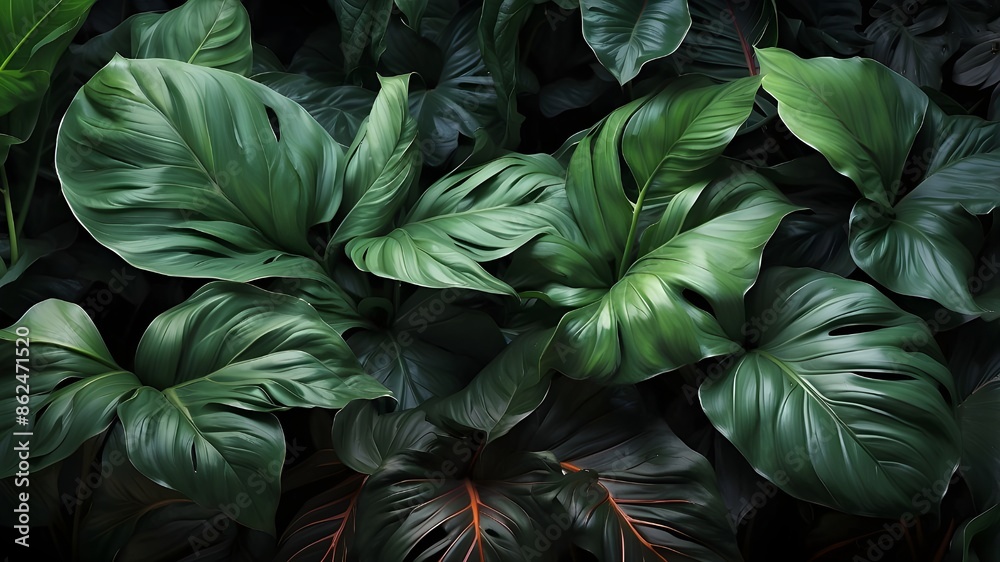 Tropical leaf, dark tone background, abstract green texture, and Spathiphyllum cannifolium leaves in a garden Tropical leaf, dark tone background, abstract green texture, and Spathiphyllum cannifolium leaves in a garden