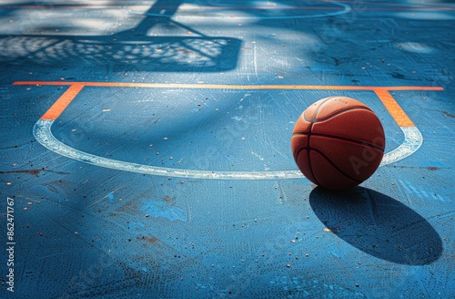 Basketball on an Outdoor Court With Blue Paint and White Lines