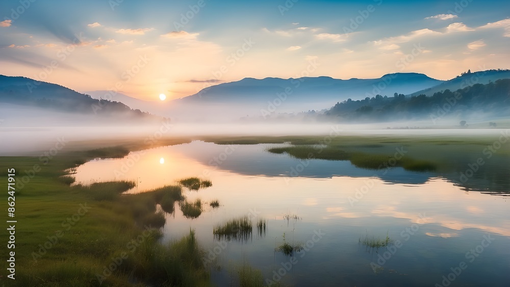 The misty Lacu Rosu Lake picture in the morning. A misty summer sunrise in Romania's Harghita County, Europe. Background of the idea of the beauty of nature. The misty Lacu Rosu Lake picture in the morning. A misty summer sunrise in Romania's Harghita County, Europe. Background of the idea of the beauty of nature.
