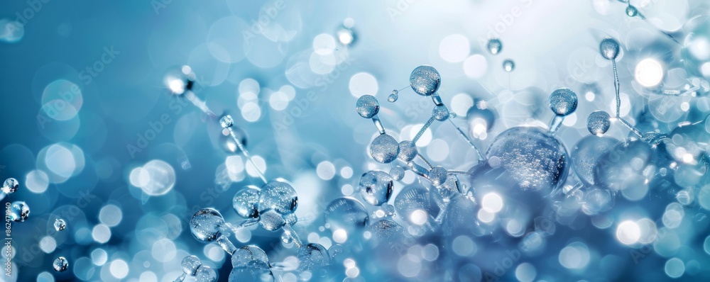 Crystal-clear water droplets cling to a bright blue surface (macro illustration)