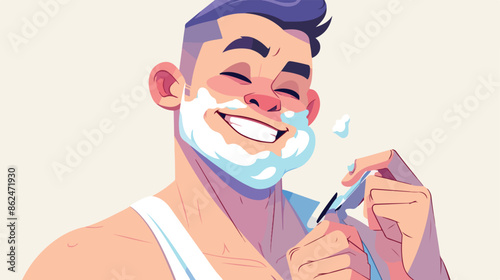 Man shaving his face. Smiling man with shaving cream