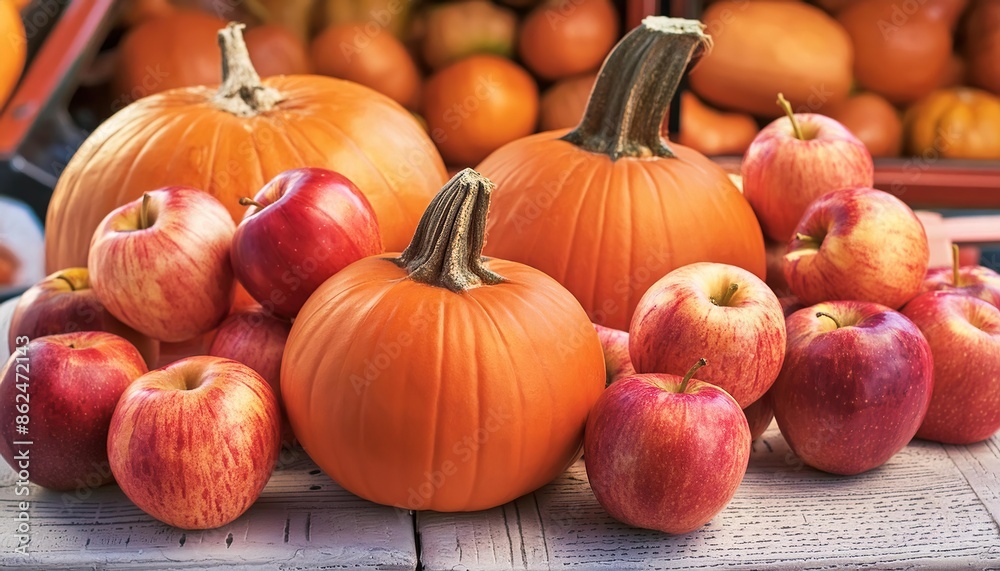 Autumn Harvest Display with Pumpkins and Apples Autumn Harvest Display with Pumpkins and Apples