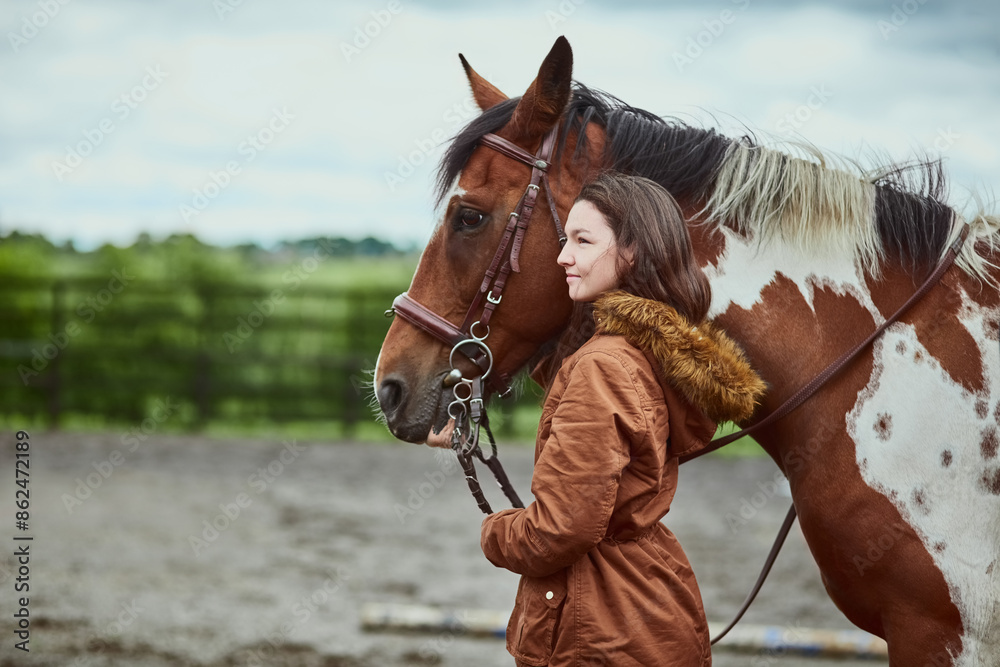 Obraz premium Ranch, walking and woman with horse on farm for bonding with pet in sustainable environment. Smile, nature and female person with equestrian animal for training in outdoor field by countryside.