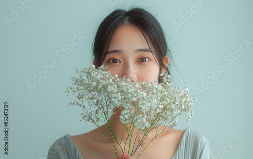 Young Woman With Dark Hair Holding Flowers and Looking at Camera