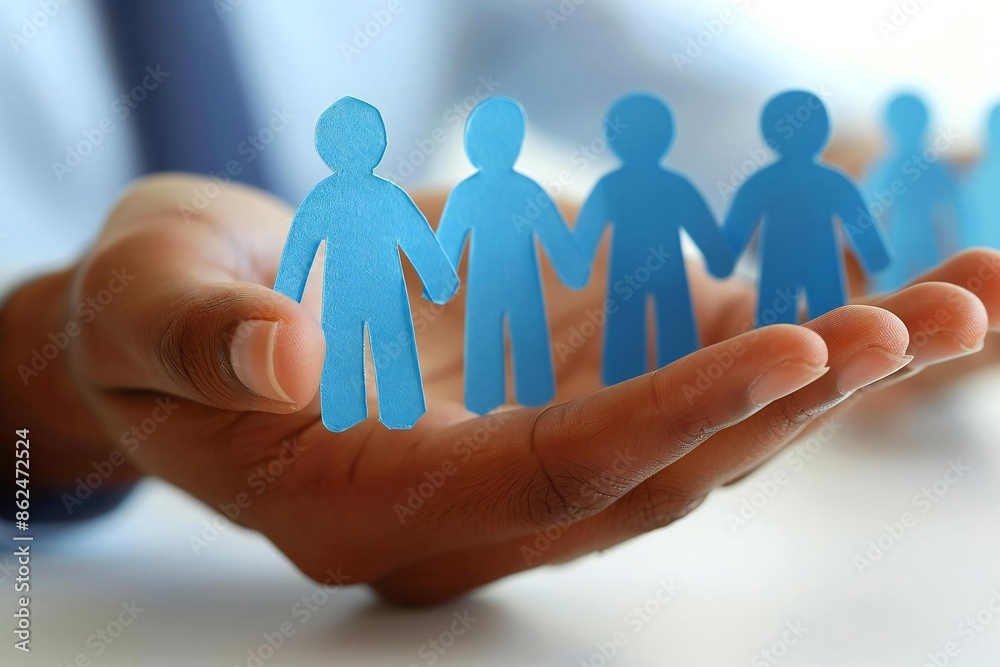 close-up of a businessperson's hand protecting blue paper cut out figures on a white background, symbolizing the concept of insurance and protection for employees and teams in business.