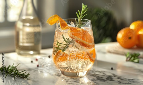 Sparkling Citrus Cocktail With Rosemary Garnish on Marble Surface