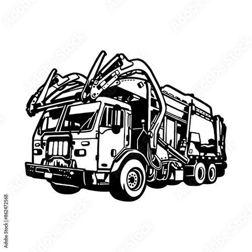 Garbage Truck - Waste Collector - garbage truck and garbage collector with garbage can, garbage collection concept line art vector illustration