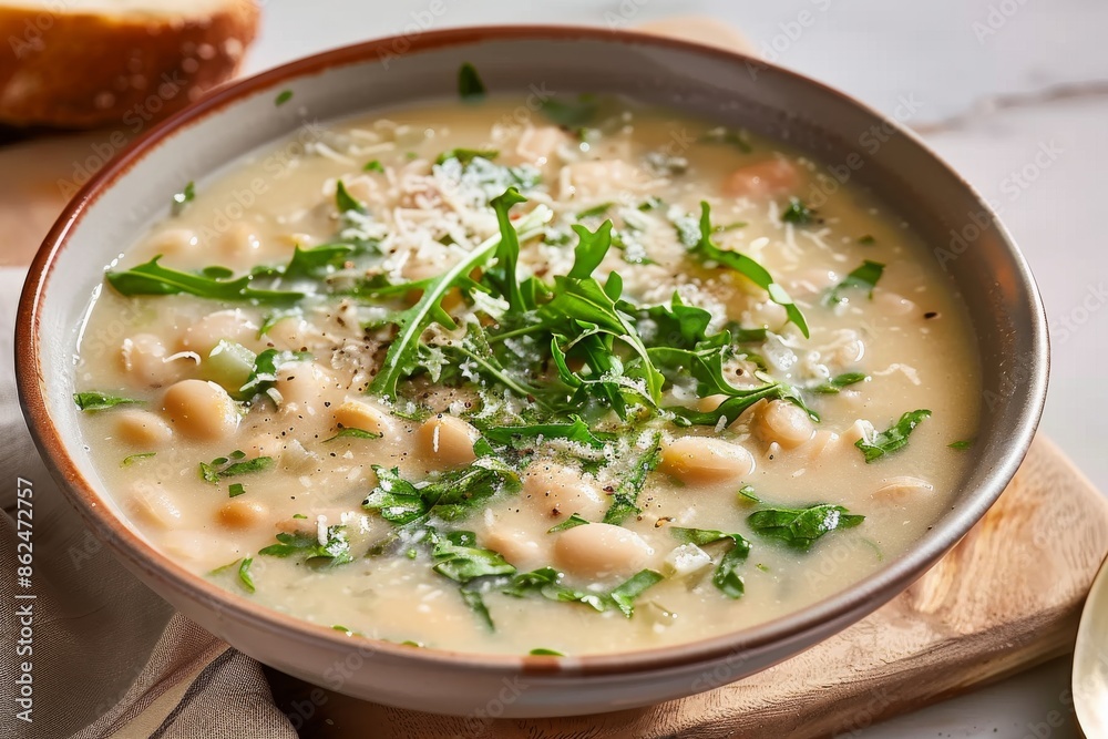 A delicious bowl of creamy white bean soup garnished with fresh arugula, parmesan cheese, and cracked black pepper, served with a slice of rustic bread on the side. A delicious bowl of creamy white bean soup garnished with fresh arugula, parmesan cheese, and cracked black pepper, served with a slice of rustic bread on the side.
