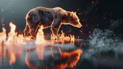 Bear chart concept, candle stock graph reflecting in a lake of fire, merging financial downturn with a hellish environment