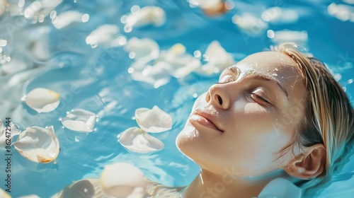 Beauty blond woman relaxing in the blue water. white floating petals. Spa. Hot Tub Relaxation