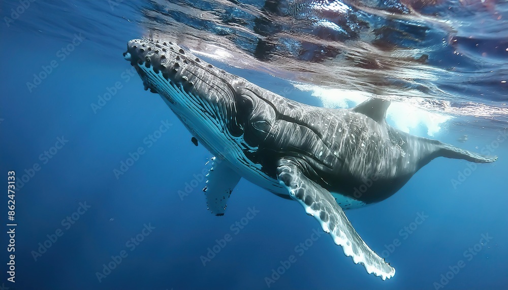 Fototapeta premium A Baby Humpback Whale Plays Near the Surface in Blue Water
