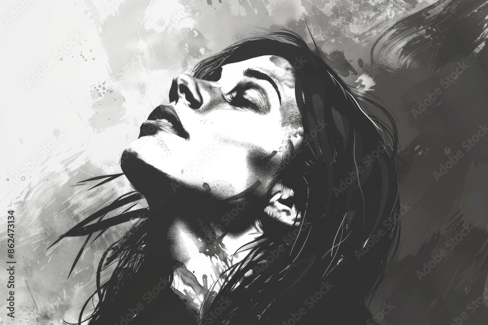 Fototapeta premium Black and white illustration of a woman looking up, praying towards the sky. Worship