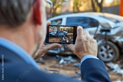 close-up shot of a man, dressed in a business suit, taking a picture of a damaged car on his mobile phone for an insurance claim.