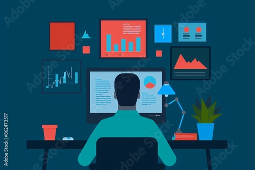 Person working at desk with multiple screens displaying data visuals. Office setup with charts and graphs on monitors.